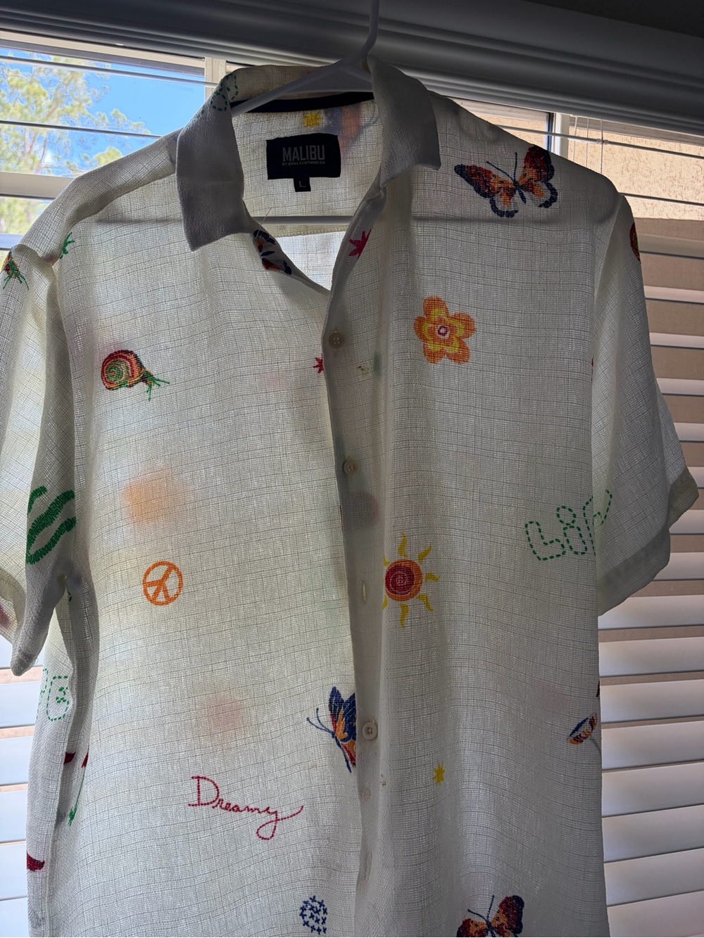 Malibu White Short-Sleeve Button-Down Shirt with Multicolor Embroidered Motifs